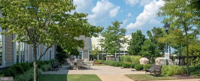 a view of a patio with table and chairs potted plants and large tree