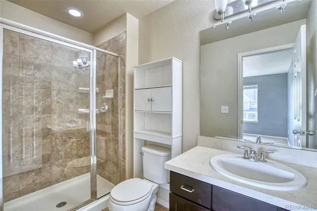 a bathroom with a sink toilet a mirror and shower