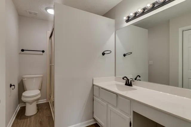 a bathroom with a sink a toilet and a mirror