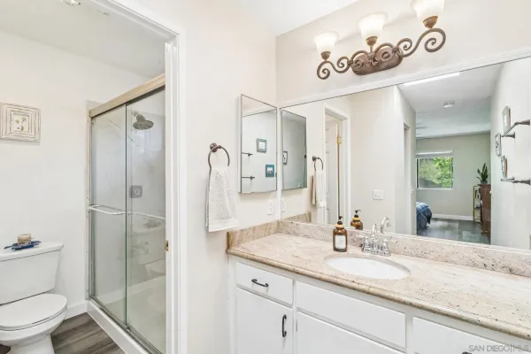 a bathroom with a granite countertop sink toilet and shower