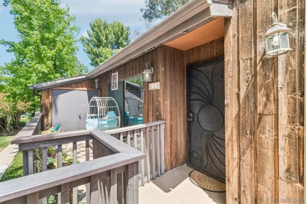 a porch with seating space