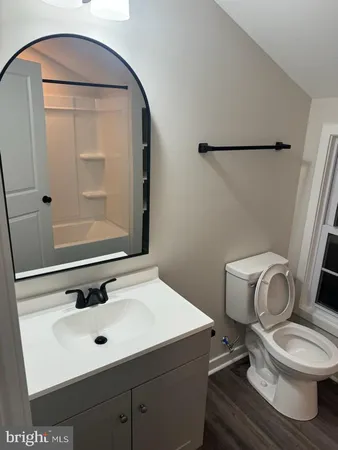 a bathroom with a sink mirror vanity and toilet