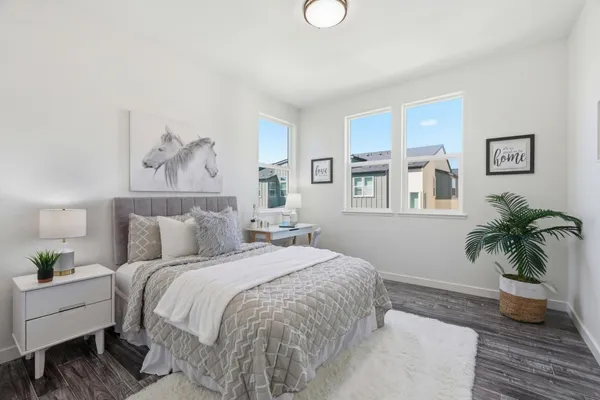 a bedroom with a large bed and a potted plant