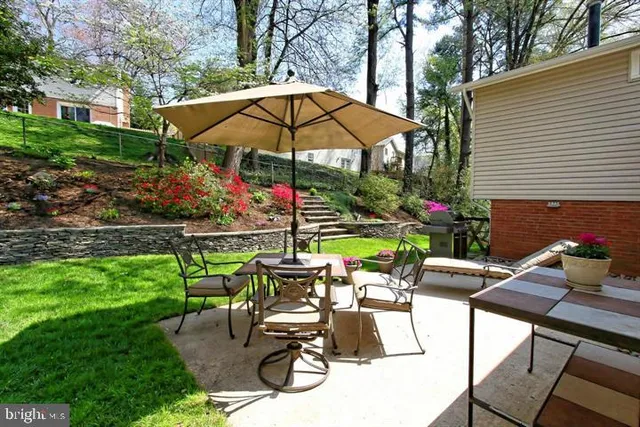 a view of backyard with outdoor seating and trees