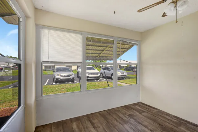 a view of swimming pool from a window