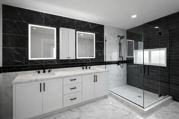 a bathroom with a sink a mirror and a shower