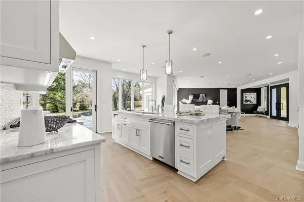a large kitchen with cabinets