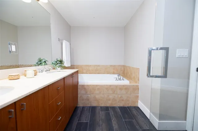 a bathroom with a sink a large mirror and a bathtub