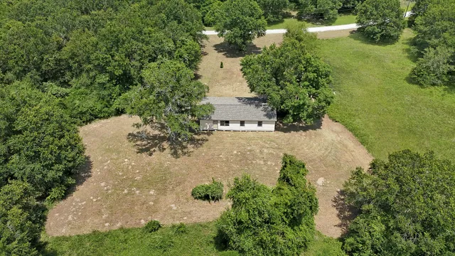 a view of a garden with lawn chairs under an umbrella