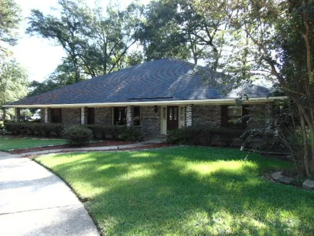 a view of a house with a yard potted plants and a large tree