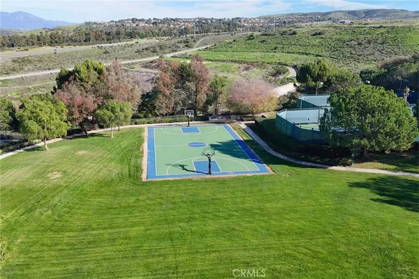 a view of a garden with lawn chairs