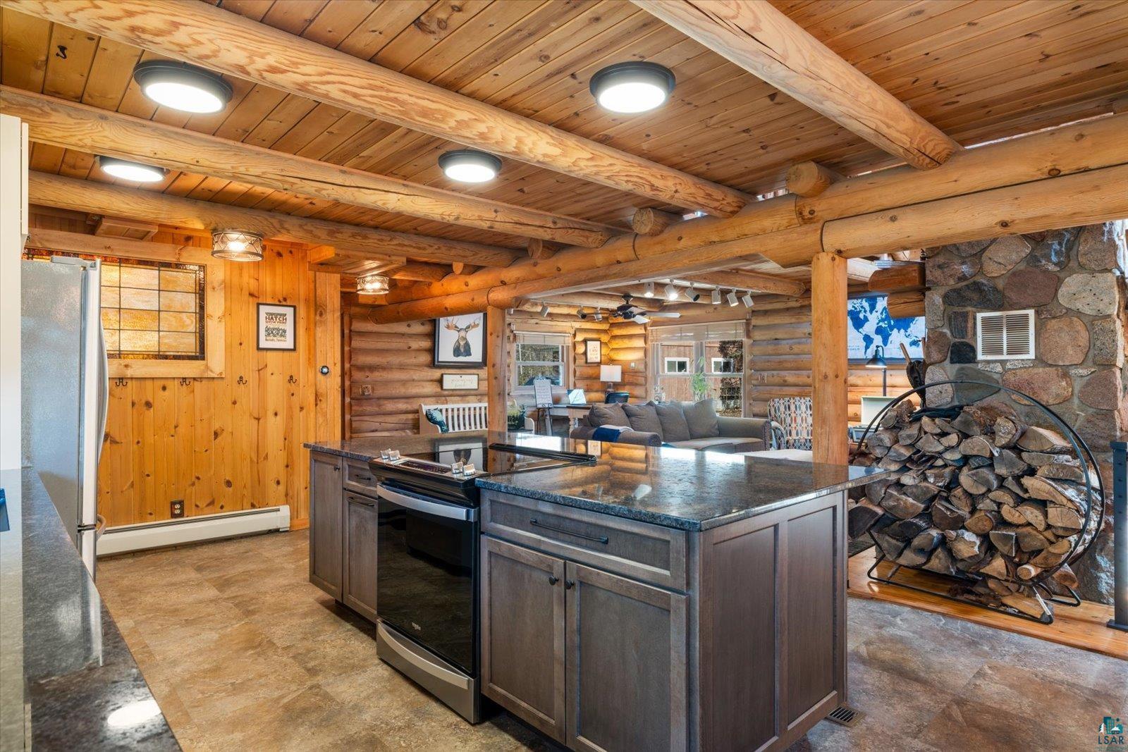 717 Bourgin Road Virginia, MN 55792 - Photo 8 of 47 Kitchen with baseboard heating, rustic walls, appliances with stainless steel finishes, wooden ceiling, and dark stone counters