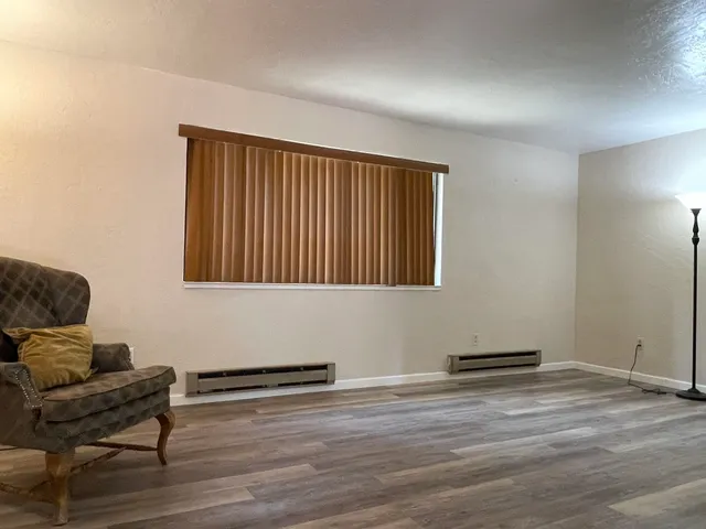a view of an empty room and wooden floor