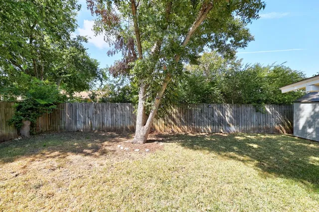 a view of a backyard with a tree and a slide
