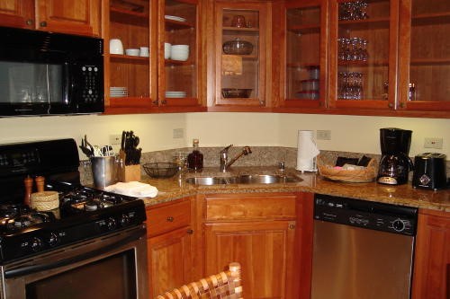 500 Village Road, Unit 206 217 Breckenridge, CO 80424 - Photo 5 of 20 a kitchen with stainless steel appliances granite countertop a sink stove and cabinets