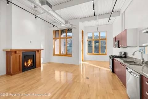 a kitchen with stainless steel appliances granite countertop a stove a sink dishwasher and a fireplace with wooden floor