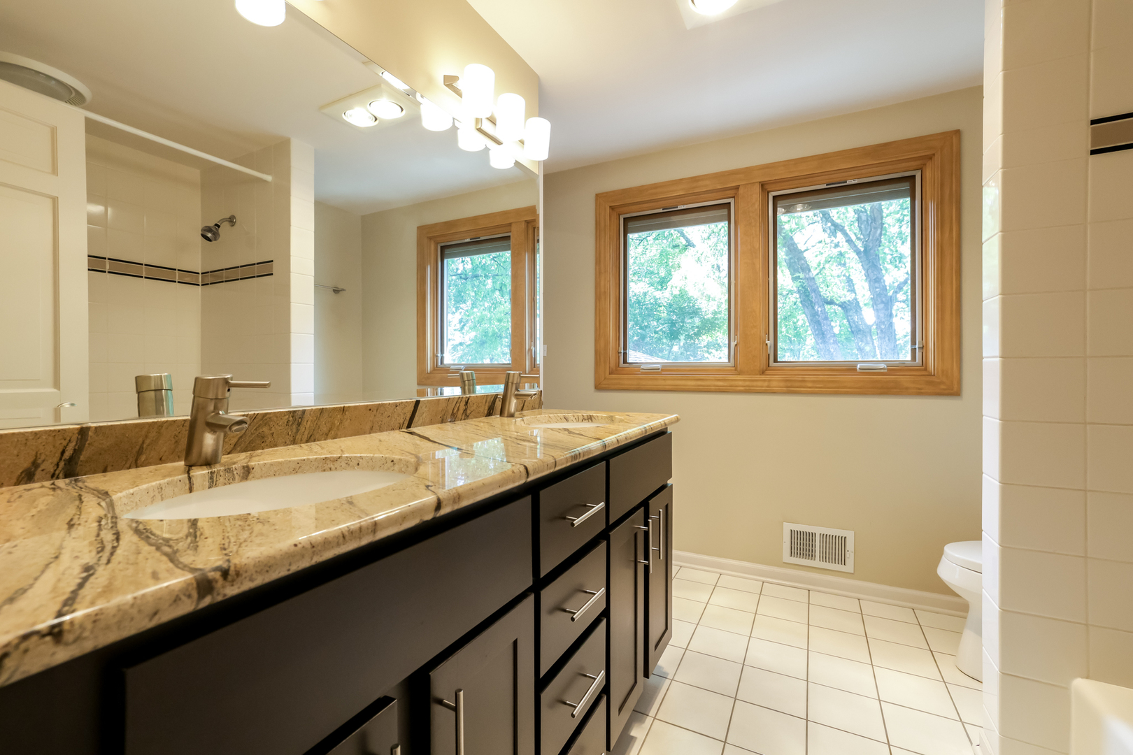 3206 Maple Leaf Drive Glenview, IL 60026 - Photo 23 of 45 a bathroom with a granite countertop sink and a large mirror