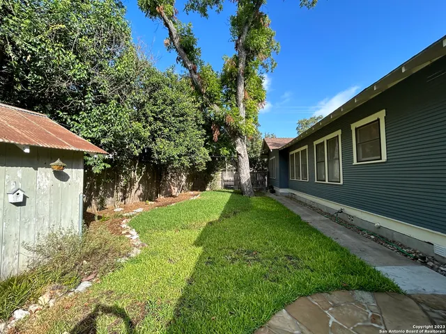 a view of a backyard with large trees and plants
