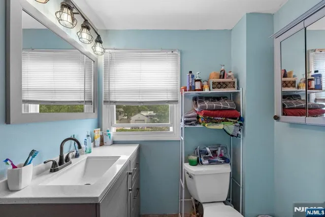 a bathroom with a sink toilet mirror and vanity
