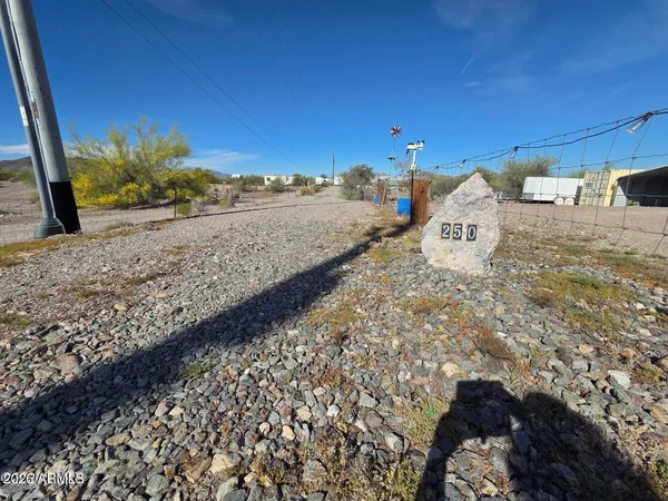 a view of a dry yard with wooden fence