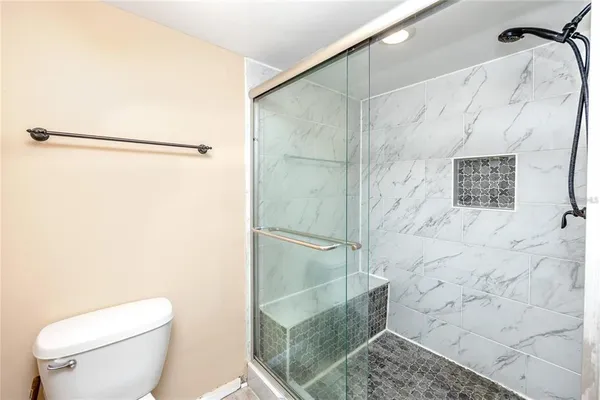 a bathroom with a shower and a toilet