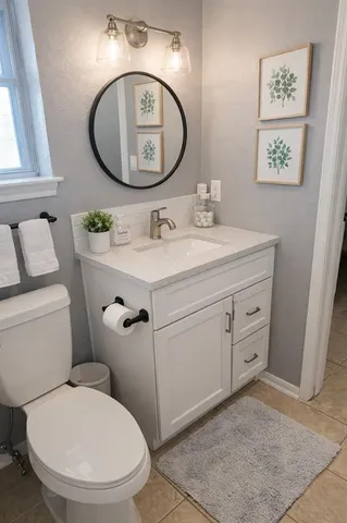 a bathroom with a toilet a sink and mirror