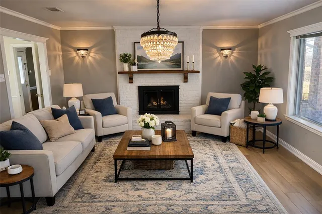 a living room with furniture a chandelier and a fireplace