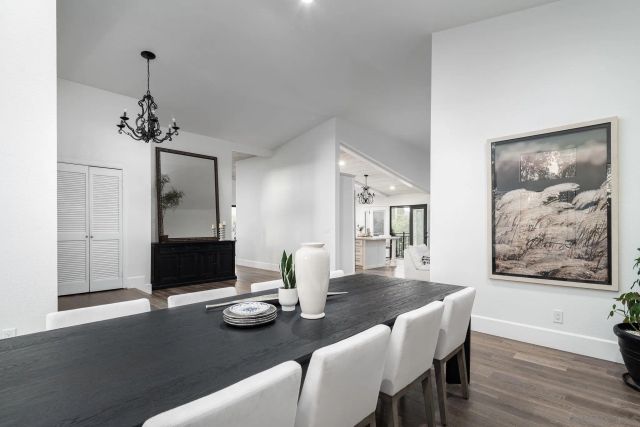 a view of a dining room with furniture