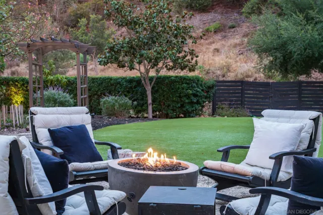 a backyard of a house with outdoor seating
