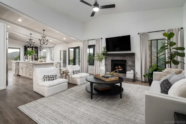 a living room with furniture a flat screen tv and a fireplace