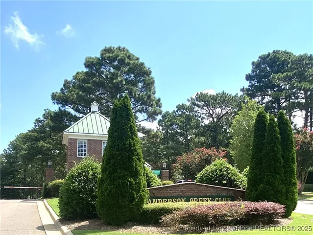 a view of outdoor space with signage and flags