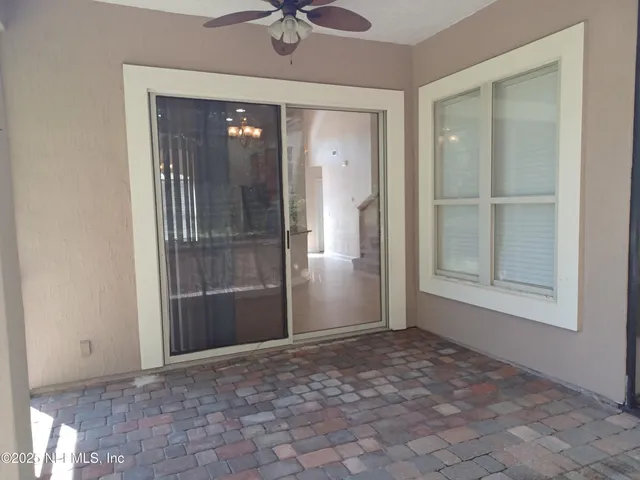 a view of a backyard with plants and large trees