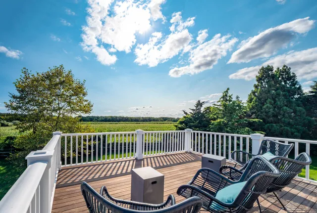 a view of a chair in wooden deck