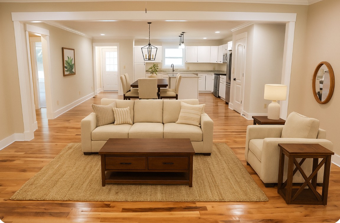 a living room with furniture and kitchen view