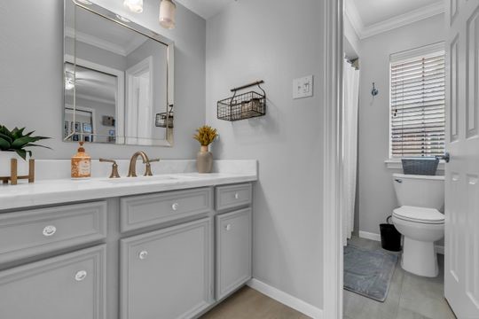 8723 Kennet Valley Road Spring, TX 77379 - Photo 23 of 38 a bathroom with a sink a toilet and a mirror