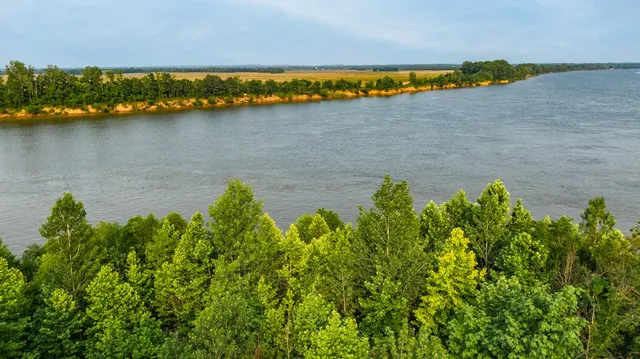 a blue swimming pool with a lake view