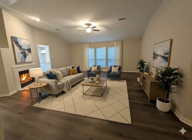 a living room with furniture potted plant and a chandelier