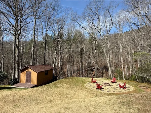 a view of a backyard with large trees