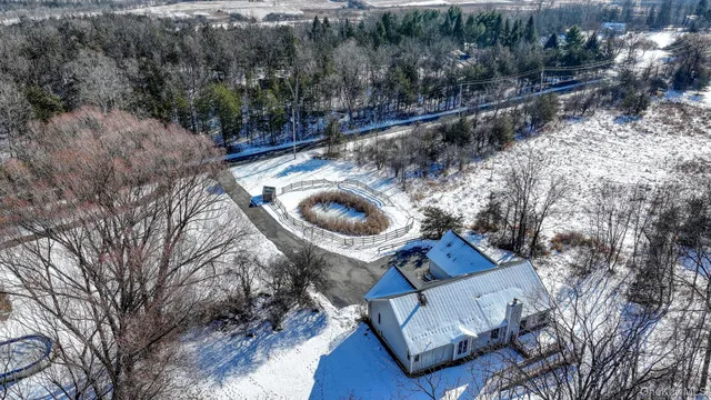 a view of swimming pool with lawn chairs and plants