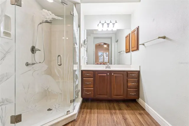 a bathroom with a double vanity sink mirror and shower