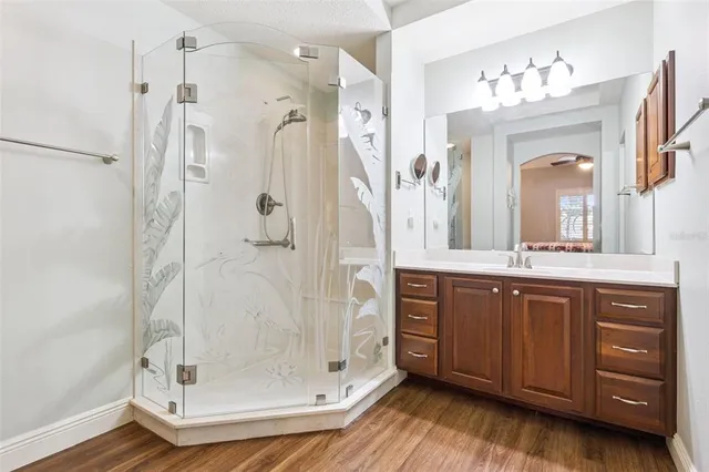 a bathroom with a granite countertop sink a mirror and a shower