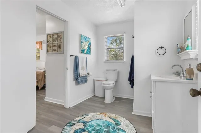 a bathroom with a sink toilet and window