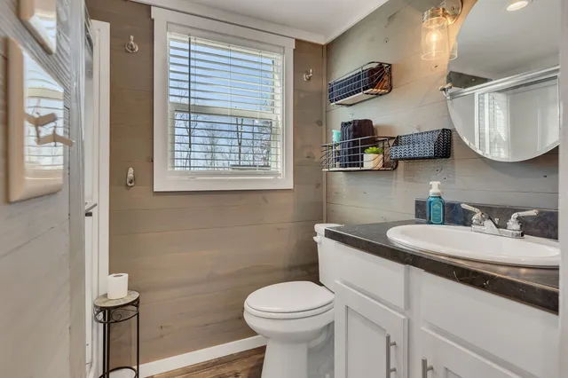 a bathroom with a sink a toilet and a mirror