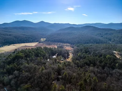 a view of a house with a mountain and a forest