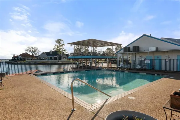a view of a lake with a patio