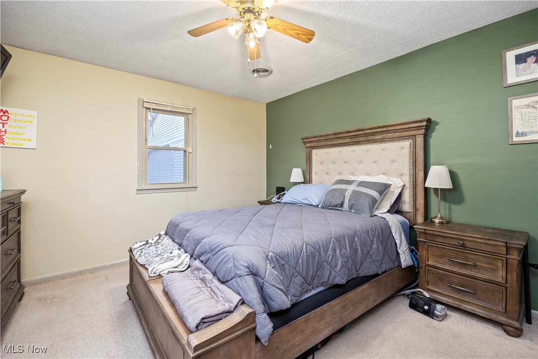 5569 Lear Nagle Road North Ridgeville, OH 44039 - Photo 20 of 41 Current owner's bedroom , Carpeted bedroom with a textured ceiling and ceiling fan