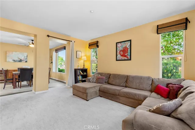 a living room with furniture and a book shelf