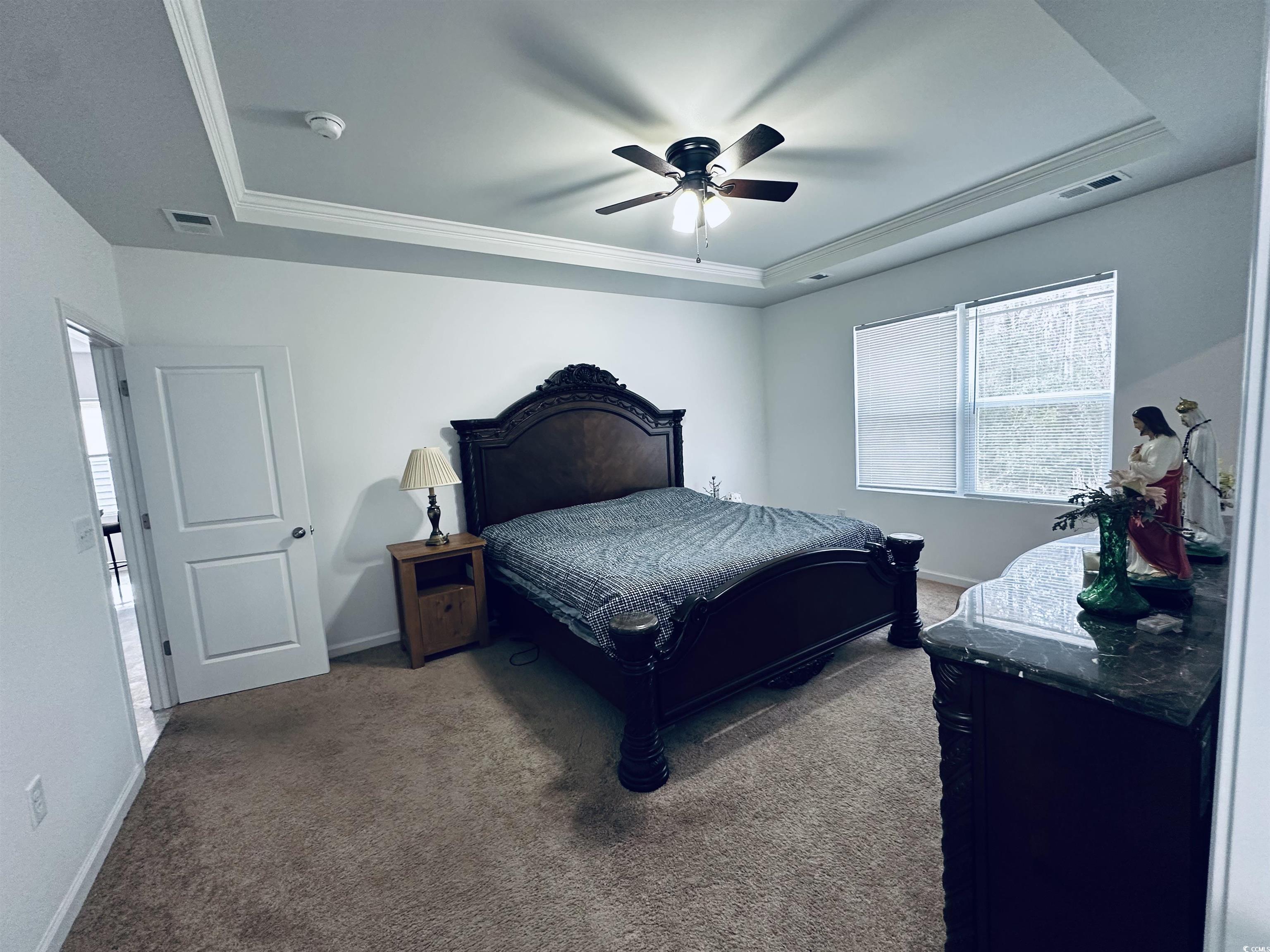 5260 Walnutwood Trail Myrtle Beach, SC 29579 - Photo 13 of 30 Carpeted bedroom with a raised ceiling, ceiling fan, and ornamental molding