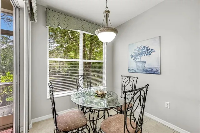 a view of a dining room with furniture and window