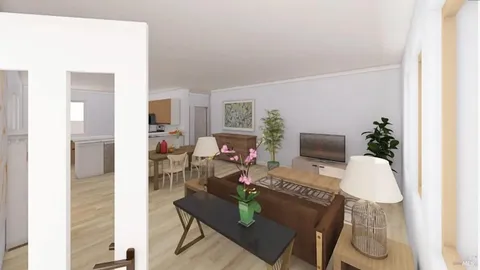 a living room with furniture and a table